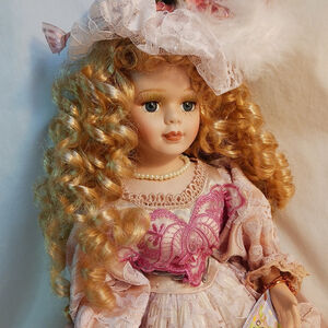 Cathay Collection Victorian Porcelain Doll 1 - 5000 Curly Blond Hair Eyes, Stand